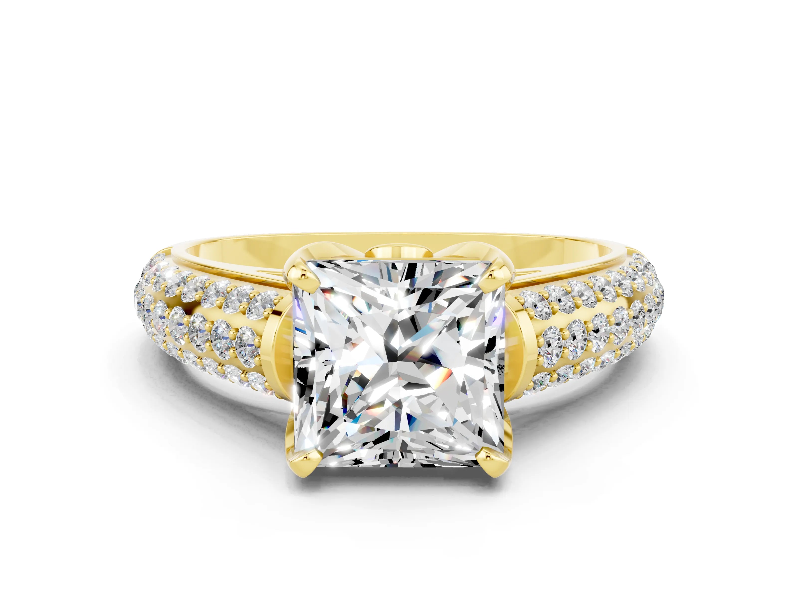 Yellow gold Princess Cut Moissanite Solitaire Ring with Three-Row Pavé Band and Four-Prong Setting_12