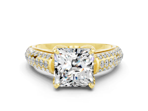 Yellow gold Princess Cut Moissanite Solitaire Ring with Three-Row Pavé Band and Four-Prong Setting