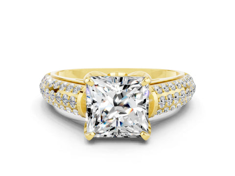 Yellow gold Princess Cut Moissanite Solitaire Ring with Three-Row Pavé Band and Four-Prong Setting_12