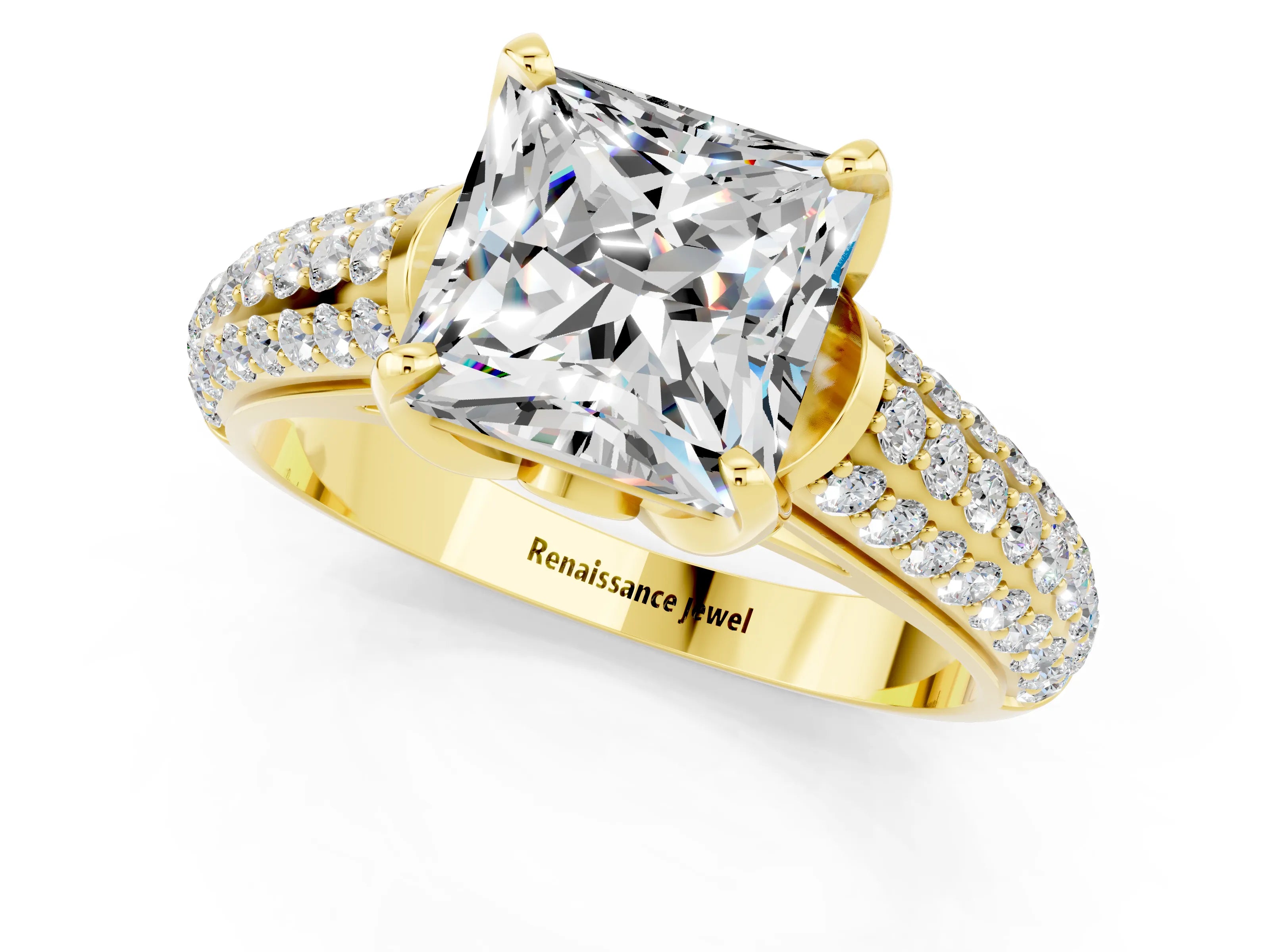 Yellow gold Princess Cut Moissanite Solitaire Ring with Three-Row Pavé Band and Four-Prong Setting_13