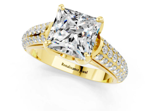 Yellow gold Princess Cut Moissanite Solitaire Ring with Three-Row Pavé Band and Four-Prong Setting_13
