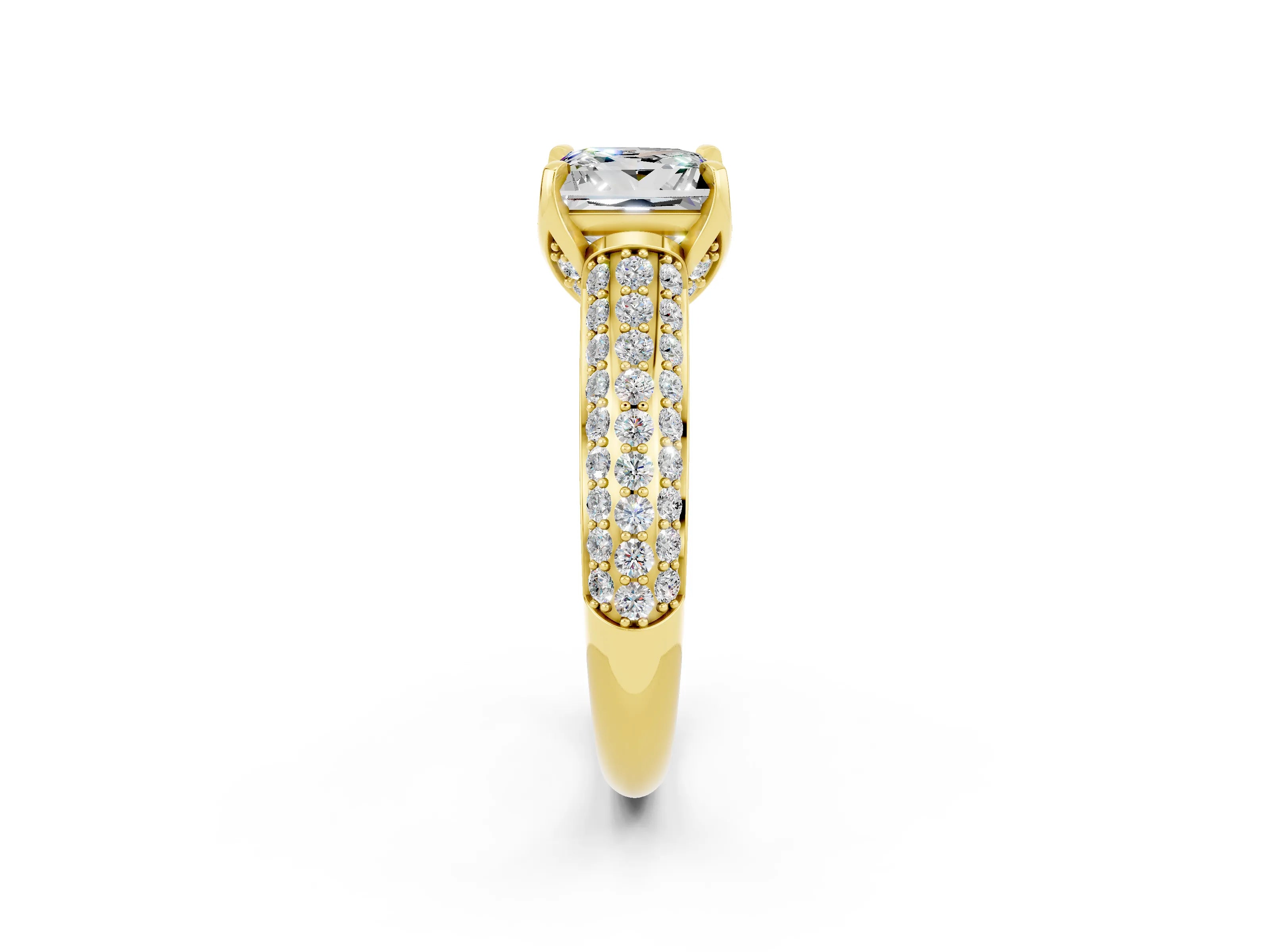 Yellow gold Princess Cut Moissanite Solitaire Ring with Three-Row Pavé Band and Four-Prong Setting_14