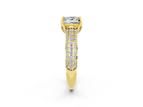 Yellow gold Princess Cut Moissanite Solitaire Ring with Three-Row Pavé Band and Four-Prong Setting