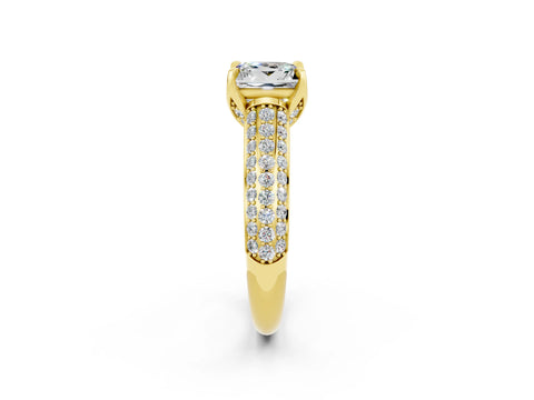 Yellow gold Princess Cut Moissanite Solitaire Ring with Three-Row Pavé Band and Four-Prong Setting_14