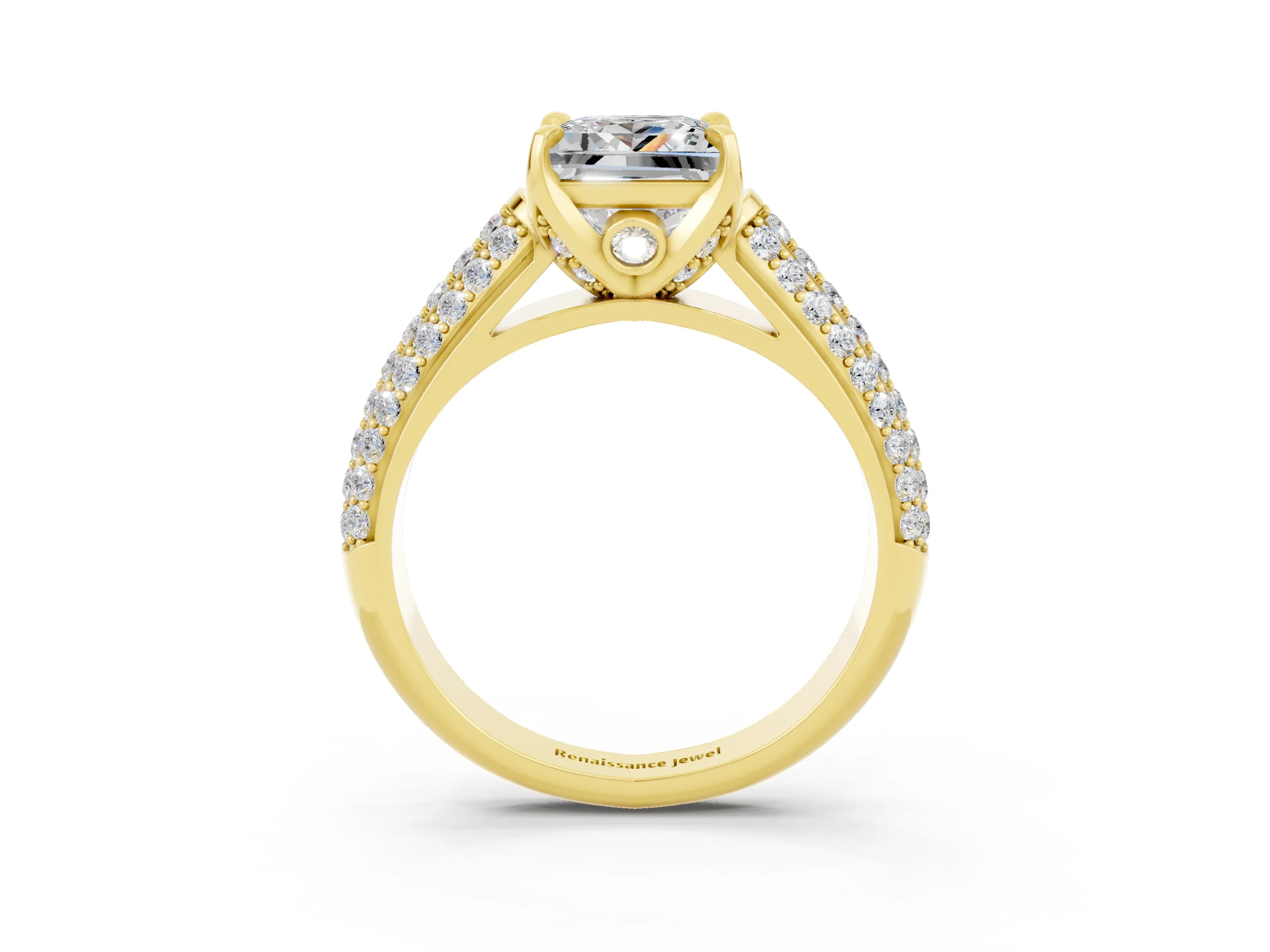 Yellow gold Princess Cut Moissanite Solitaire Ring with Three-Row Pavé Band and Four-Prong Setting_15