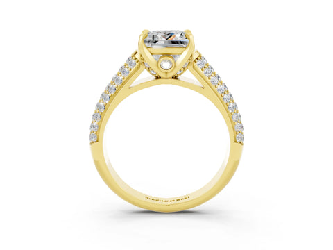 Yellow gold Princess Cut Moissanite Solitaire Ring with Three-Row Pavé Band and Four-Prong Setting_15