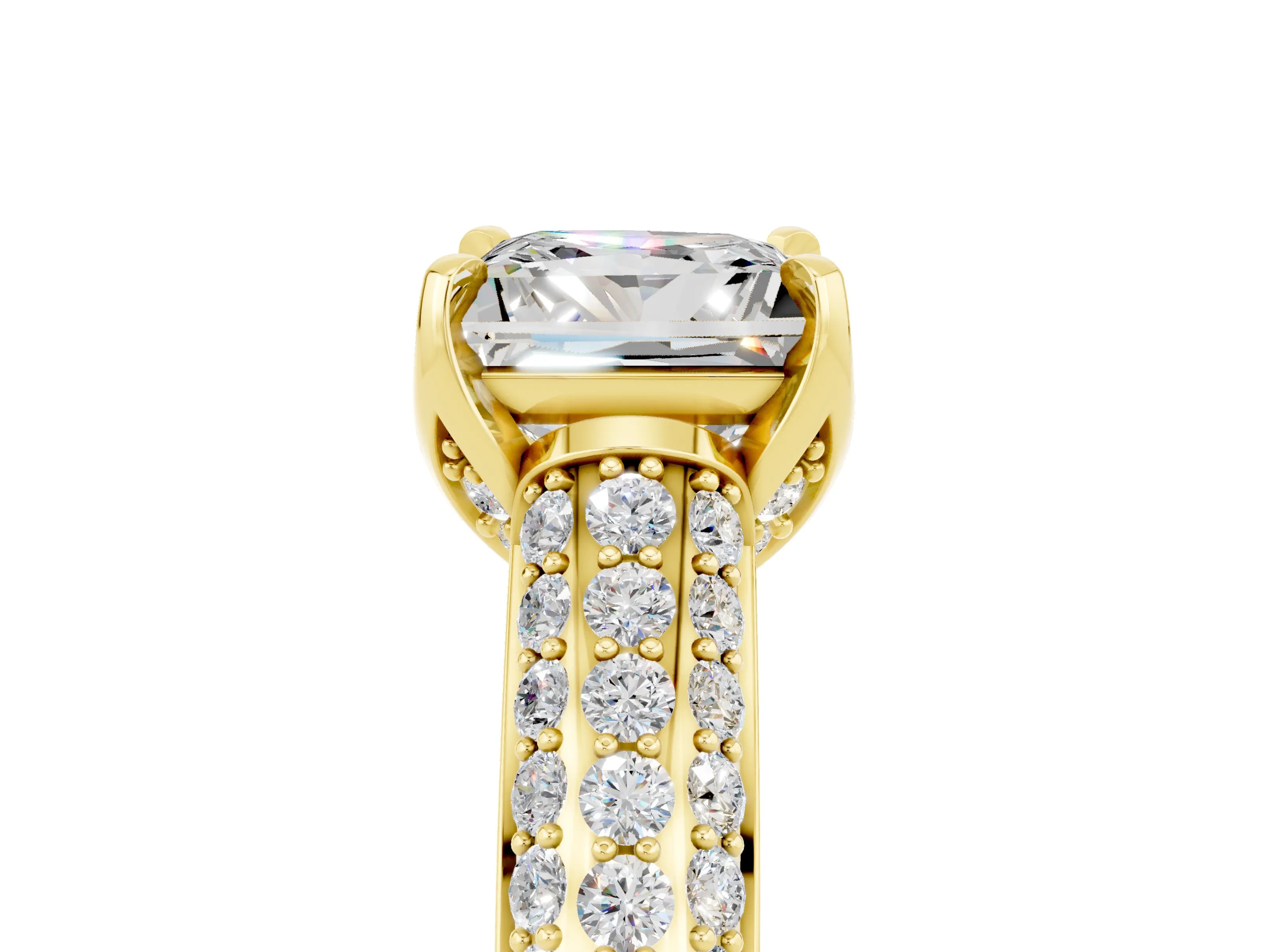 Yellow gold Princess Cut Moissanite Solitaire Ring with Three-Row Pavé Band and Four-Prong Setting_17