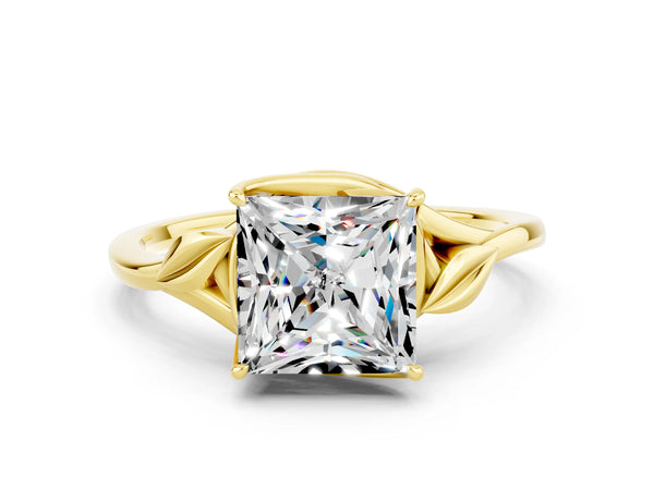 Yellow gold Princess Cut Moissanite Solitaire Ring with Twist Band and Four-Prong Setting