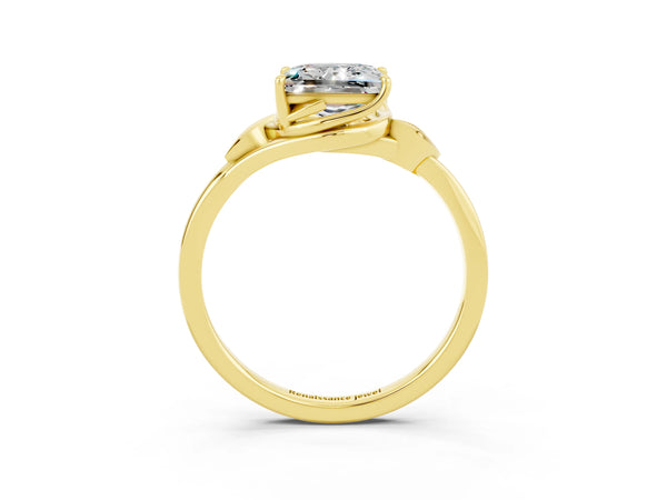Yellow gold Princess Cut Moissanite Solitaire Ring with Twist Band and Four-Prong Setting