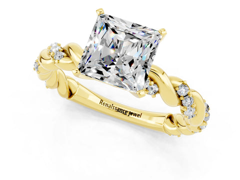 Yellow gold Princess Cut Moissanite Solitaire Ring with Twisted Band and Pavé Accents_1