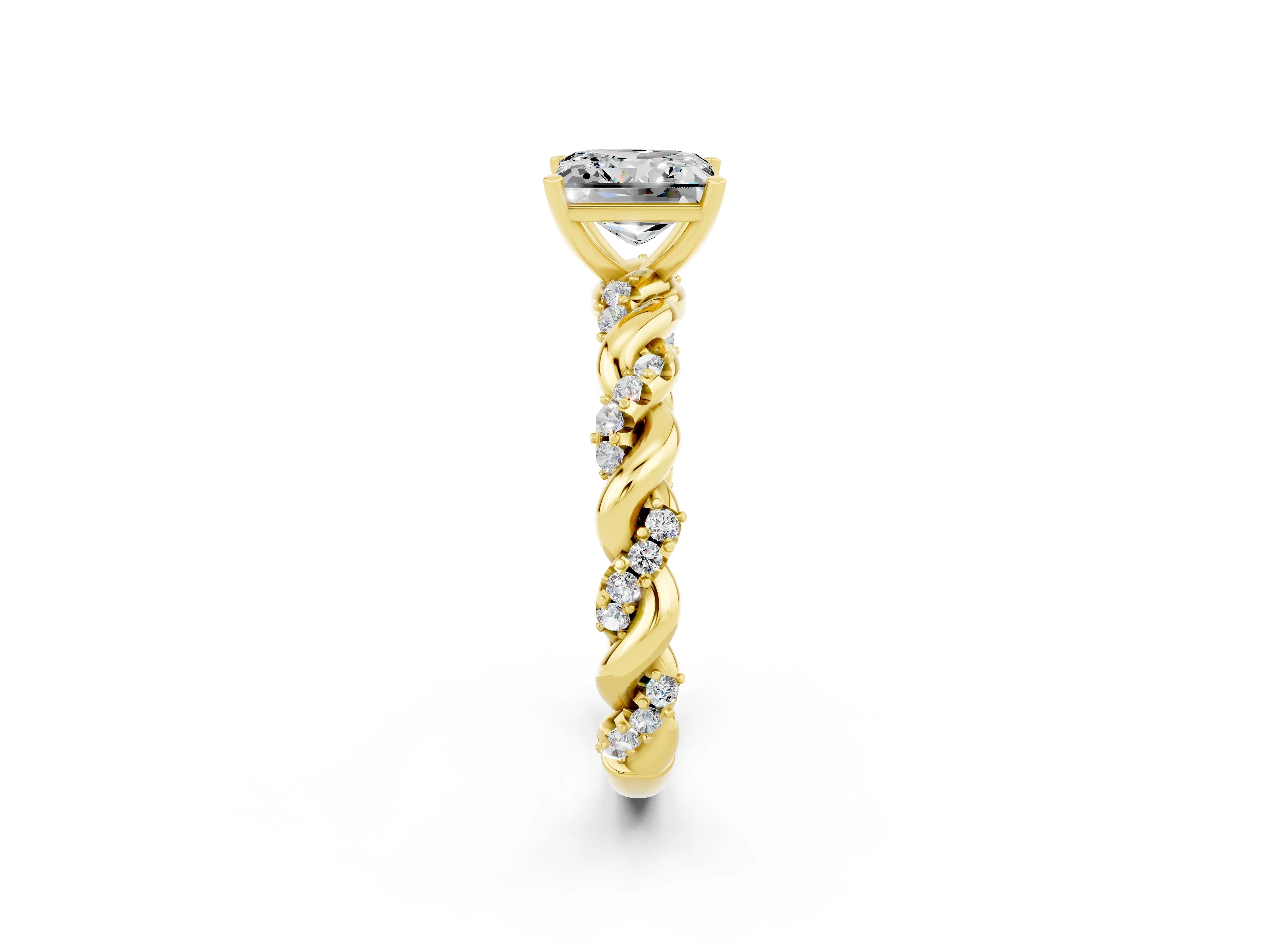 Yellow gold Princess Cut Moissanite Solitaire Ring with Twisted Band and Pavé Accents_2