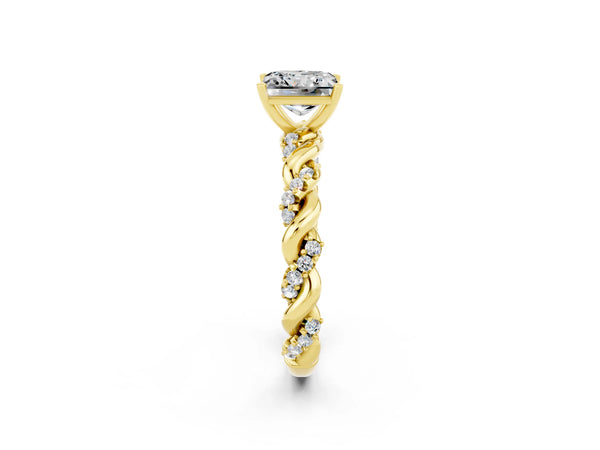 Yellow gold Princess Cut Moissanite Solitaire Ring with Twisted Band and Pavé Accents