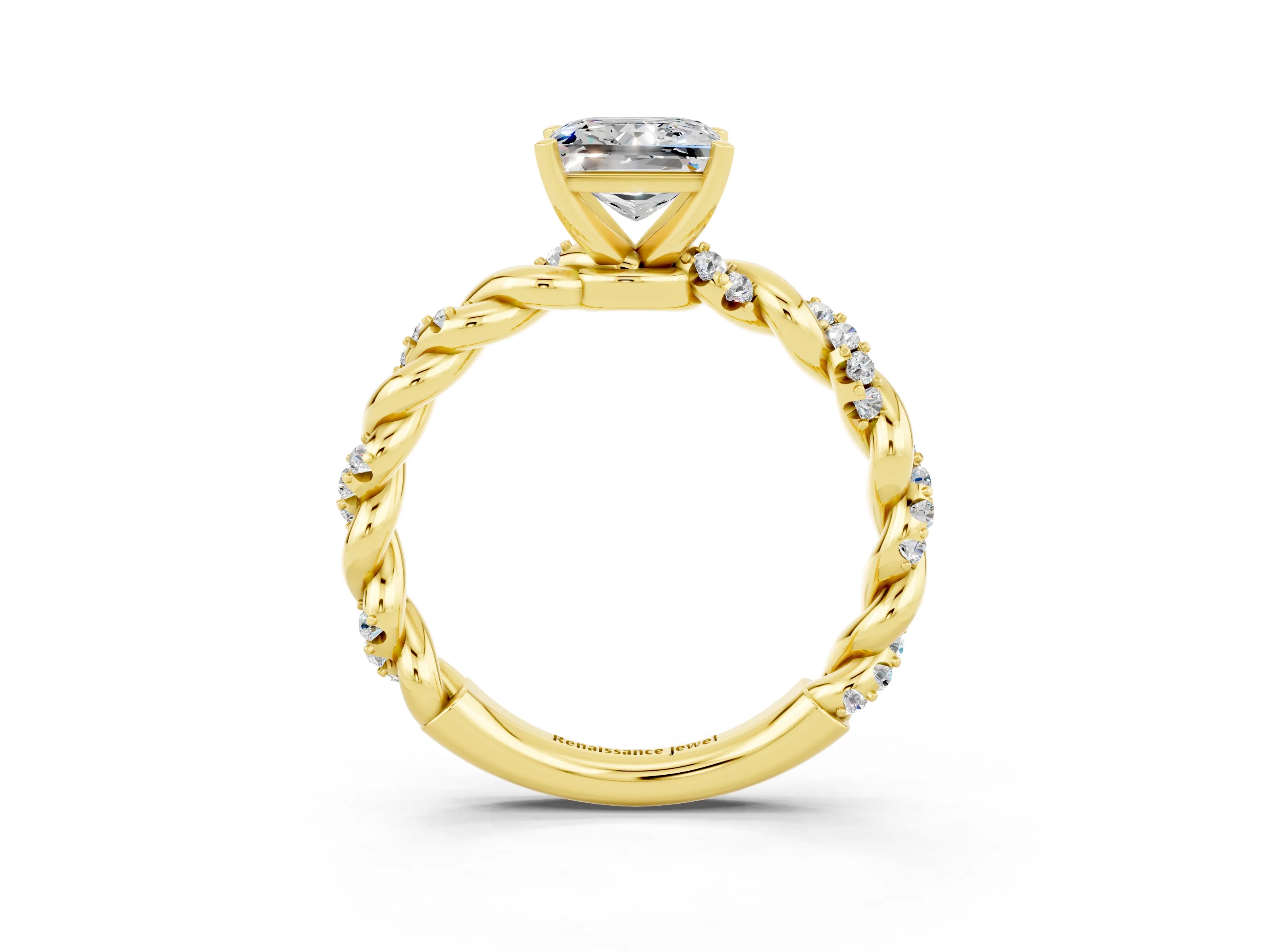 Yellow gold Princess Cut Moissanite Solitaire Ring with Twisted Band and Pavé Accents_3