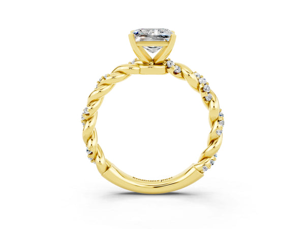 Yellow gold Princess Cut Moissanite Solitaire Ring with Twisted Band and Pavé Accents