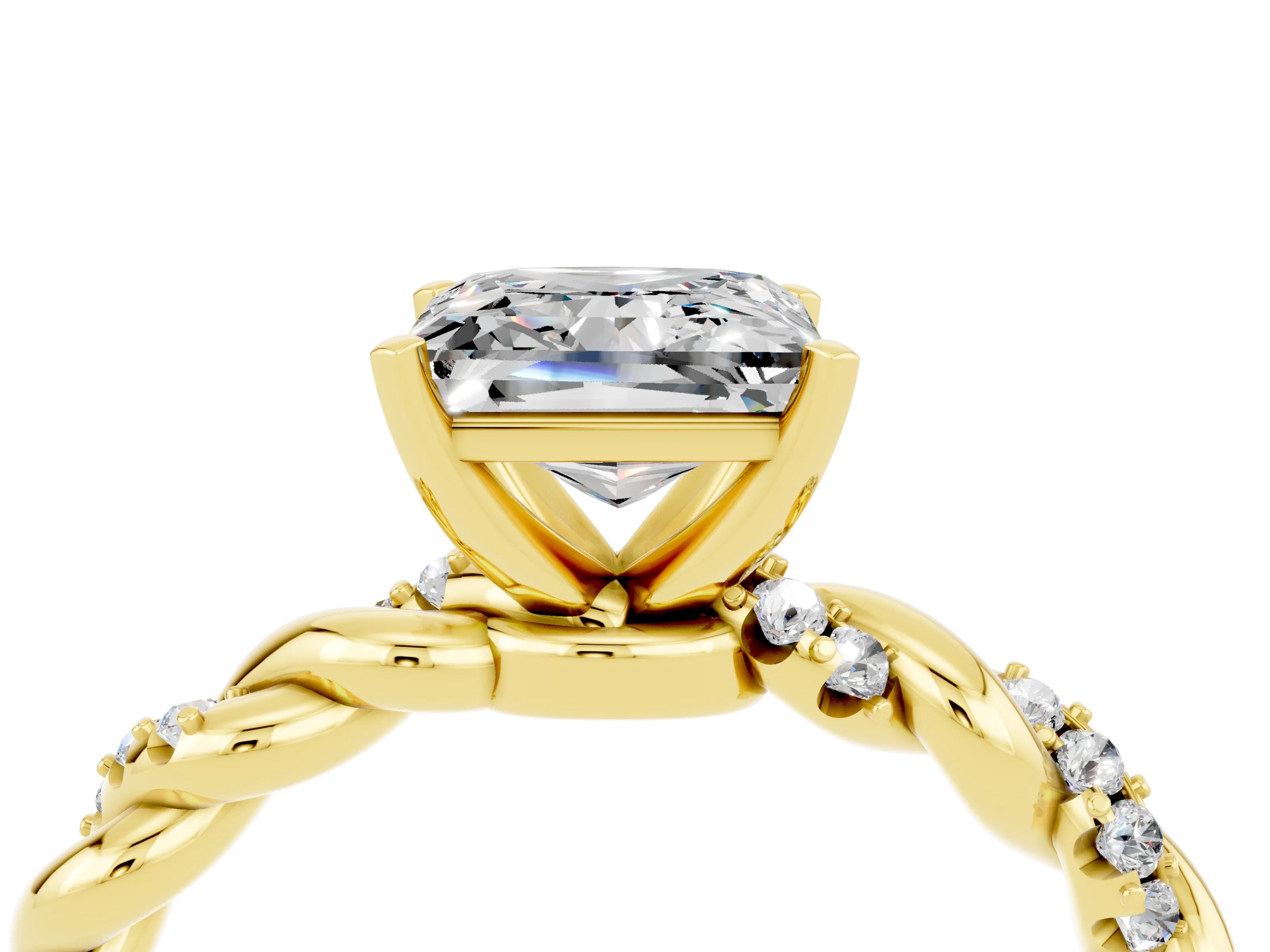 Yellow gold Princess Cut Moissanite Solitaire Ring with Twisted Band and Pavé Accents_4
