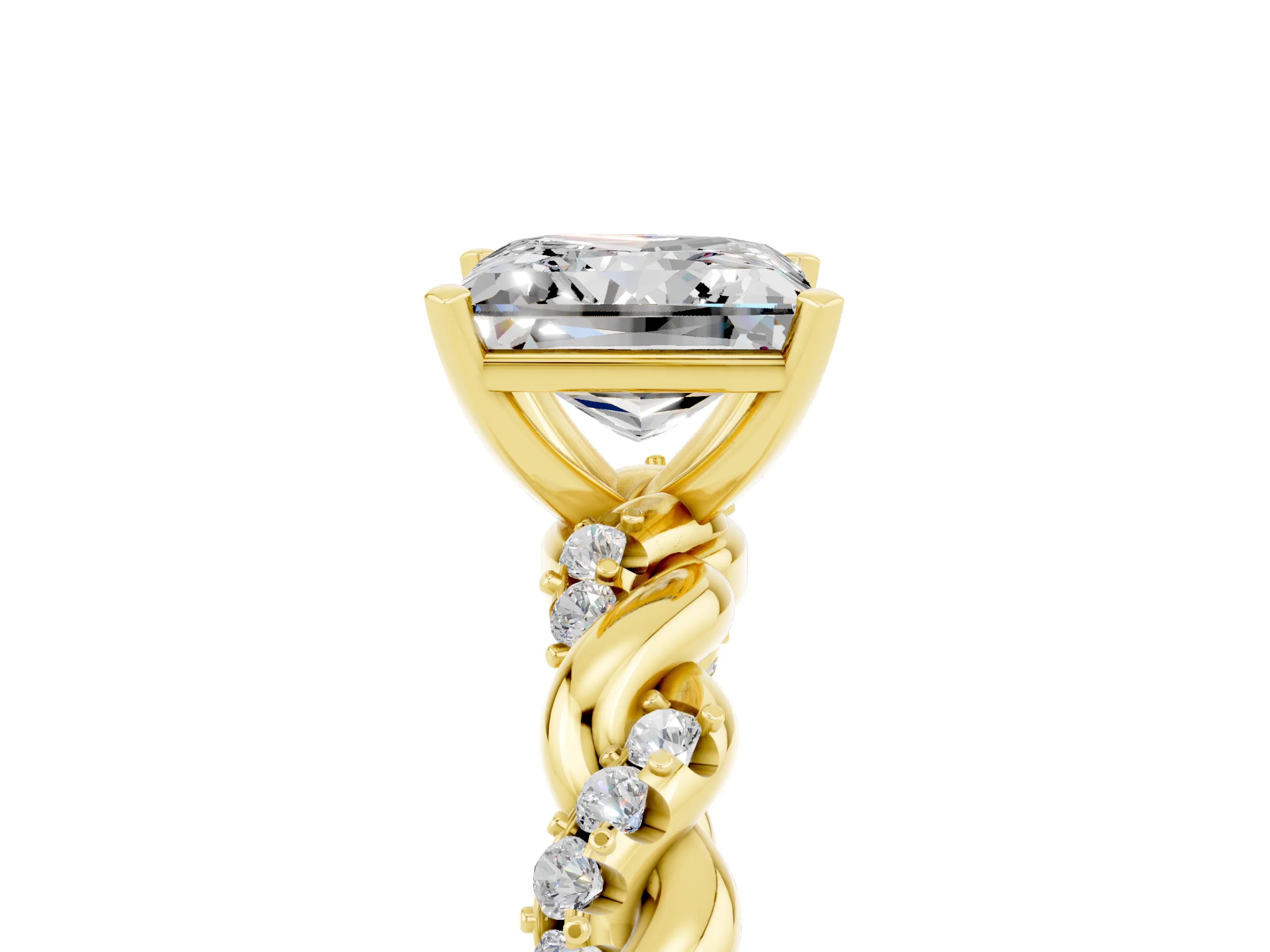 Yellow gold Princess Cut Moissanite Solitaire Ring with Twisted Band and Pavé Accents_5