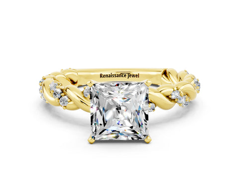 Yellow gold Princess Cut Moissanite Solitaire Ring with Twisted Band and Pavé Accents