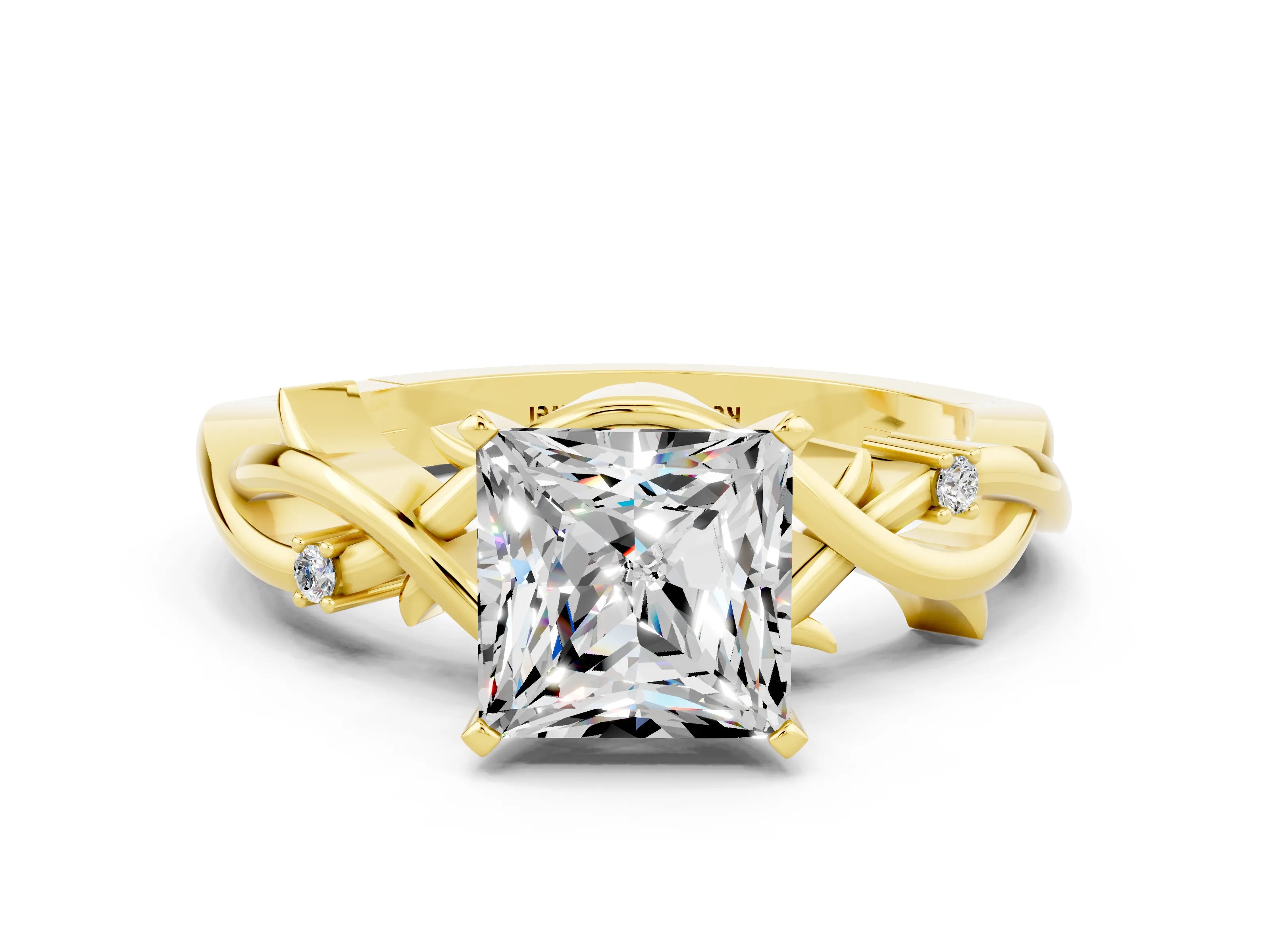 Yellow gold Princess Cut Moissanite Solitaire Ring with Twisted Band and Prong Setting