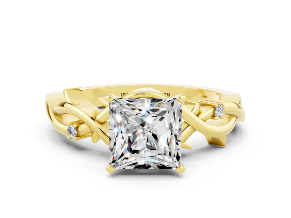 Yellow gold Princess Cut Moissanite Solitaire Ring with Twisted Band and Prong Setting