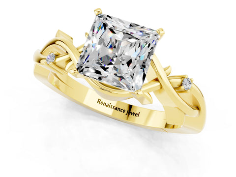 Yellow gold Princess Cut Moissanite Solitaire Ring with Twisted Band and Prong Setting_1