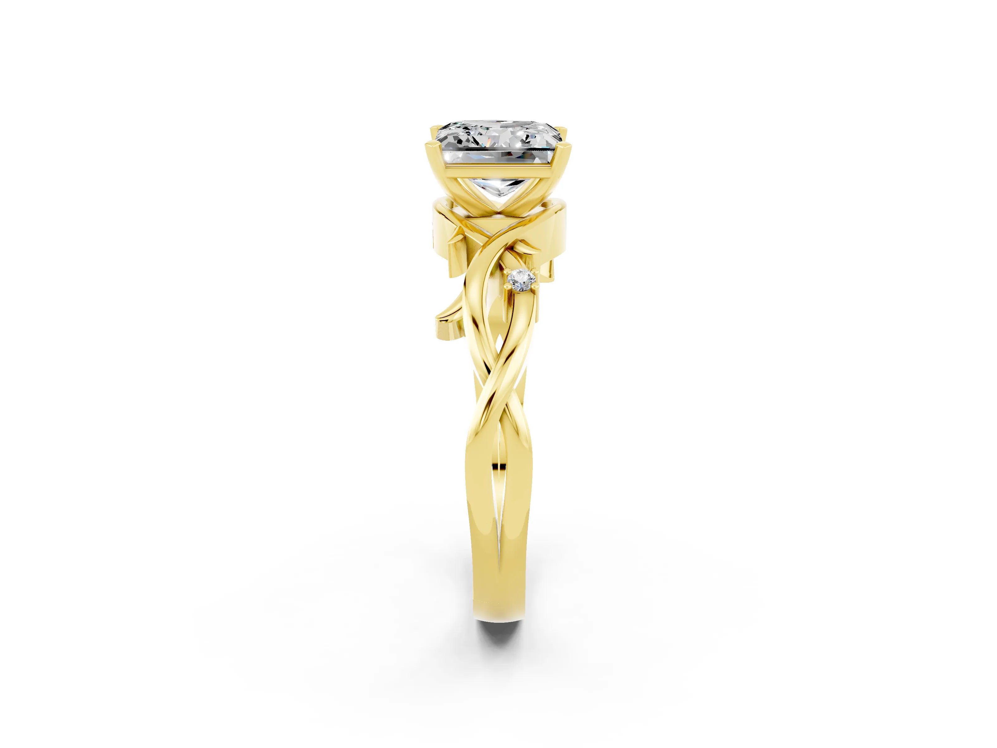 Yellow gold Princess Cut Moissanite Solitaire Ring with Twisted Band and Prong Setting_2