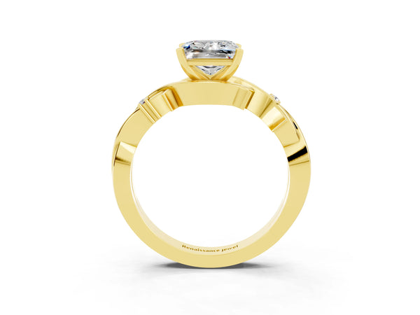 Yellow gold Princess Cut Moissanite Solitaire Ring with Twisted Band and Prong Setting