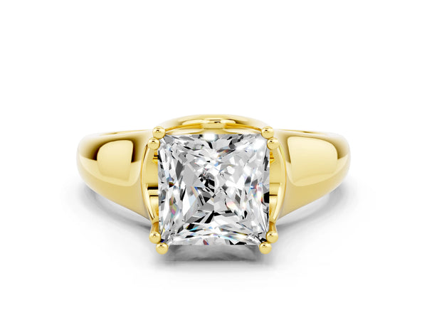 Yellow gold Princess Cut Moissanite Solitaire Ring with Wide Band and Prong Setting