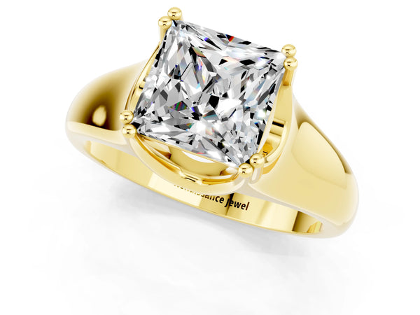 Yellow gold Princess Cut Moissanite Solitaire Ring with Wide Band and Prong Setting