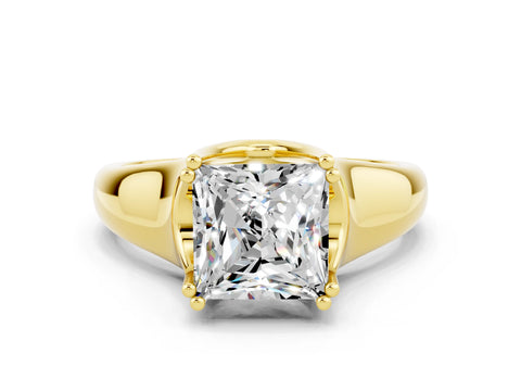 Yellow gold Princess Cut Moissanite Solitaire Ring with Wide Band and Prong Setting