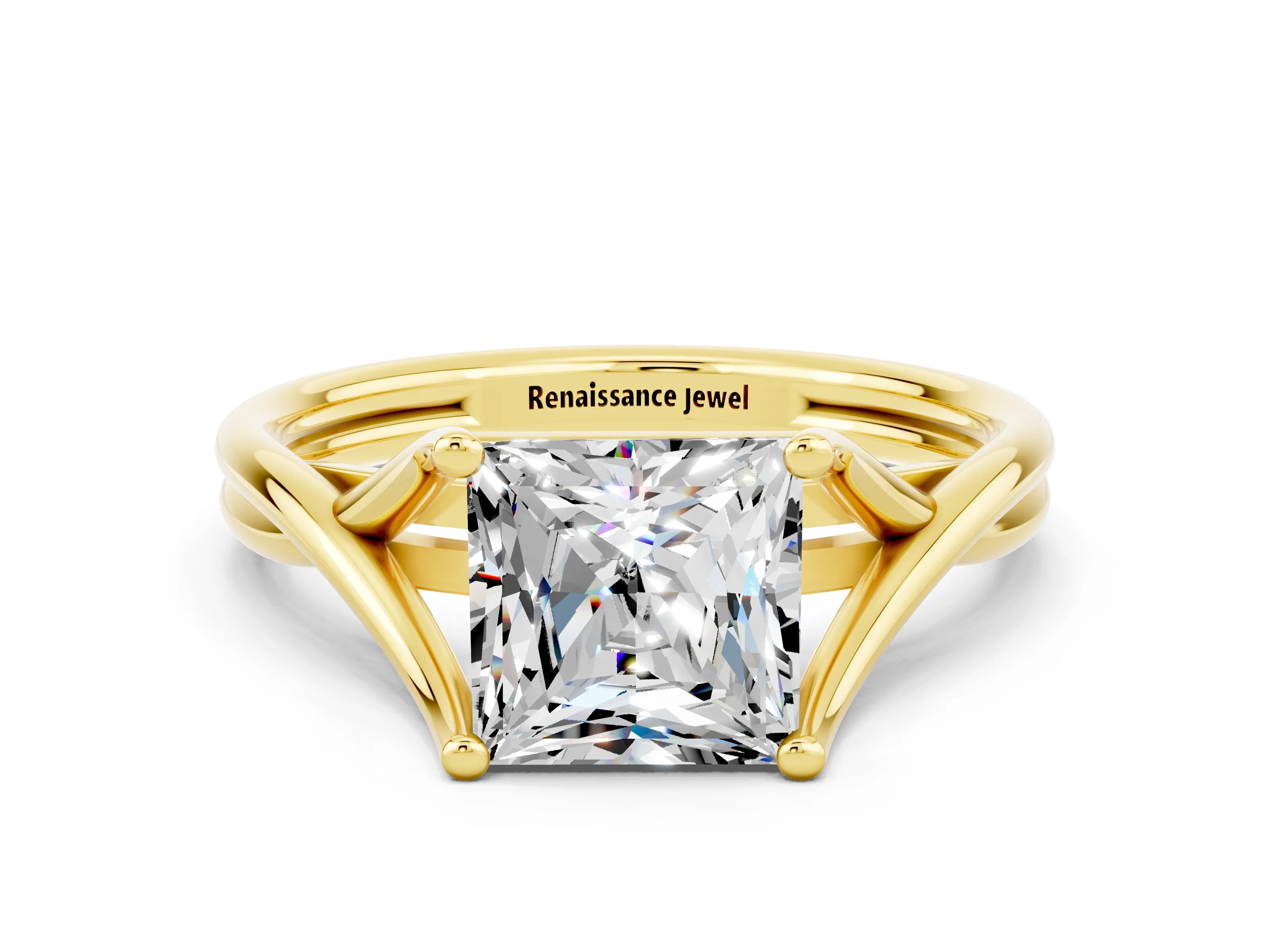 Yellow gold Princess Cut Moissanite Solitaire Twist Band Prong Setting Ring_48