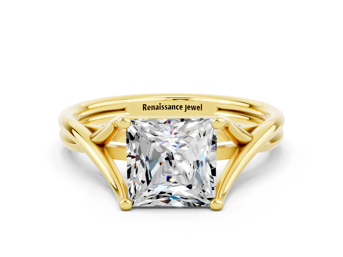 Yellow gold Princess Cut Moissanite Solitaire Twist Band Prong Setting Ring_48
