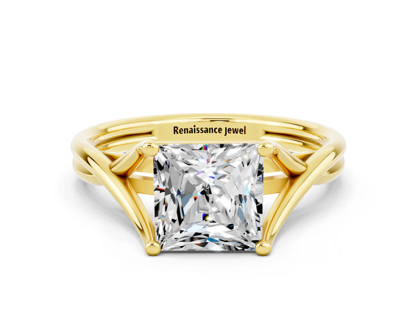 Yellow gold Princess Cut Moissanite Solitaire Twist Band Prong Setting Ring