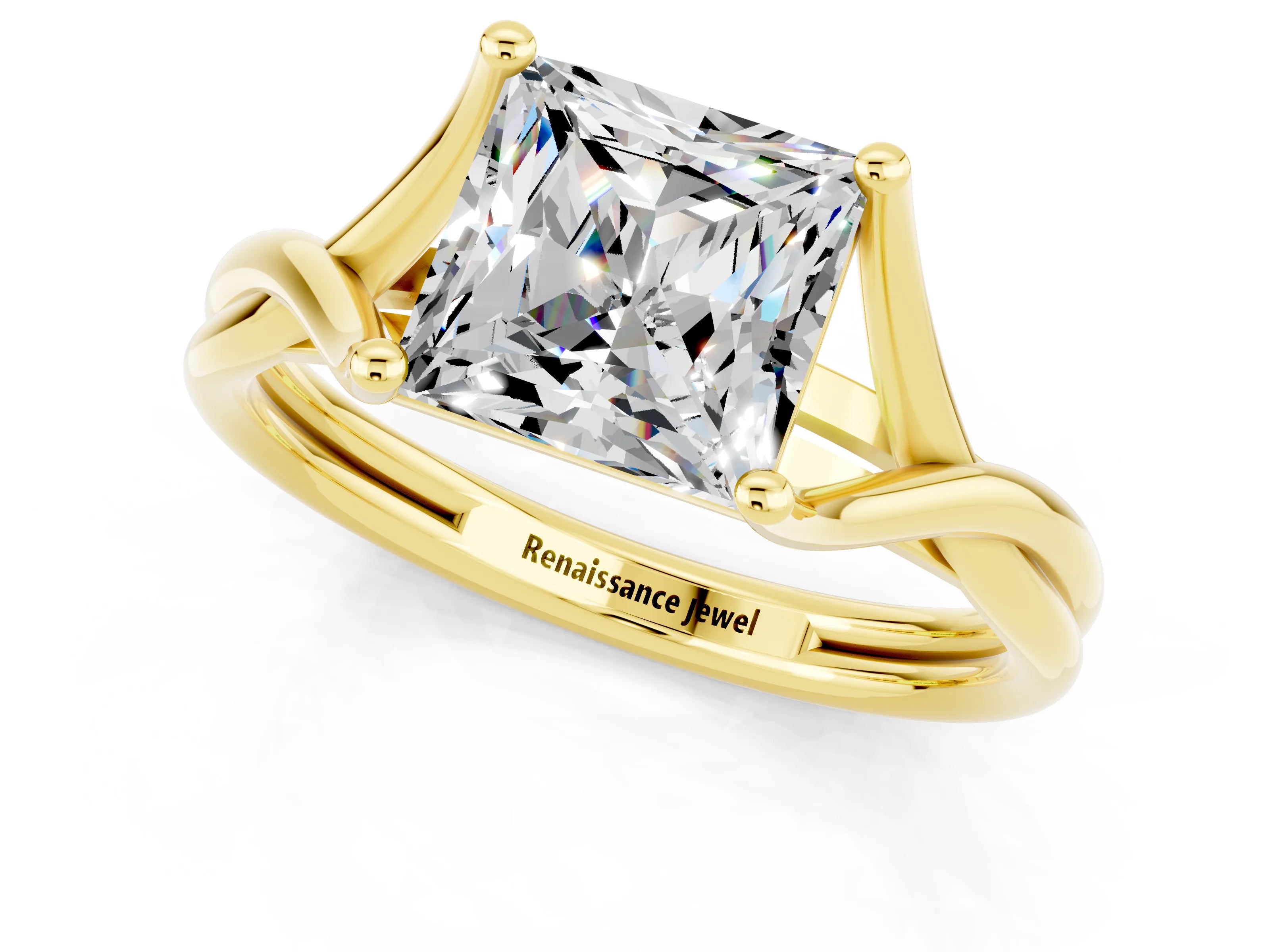 Yellow gold Princess Cut Moissanite Solitaire Twist Band Prong Setting Ring_49