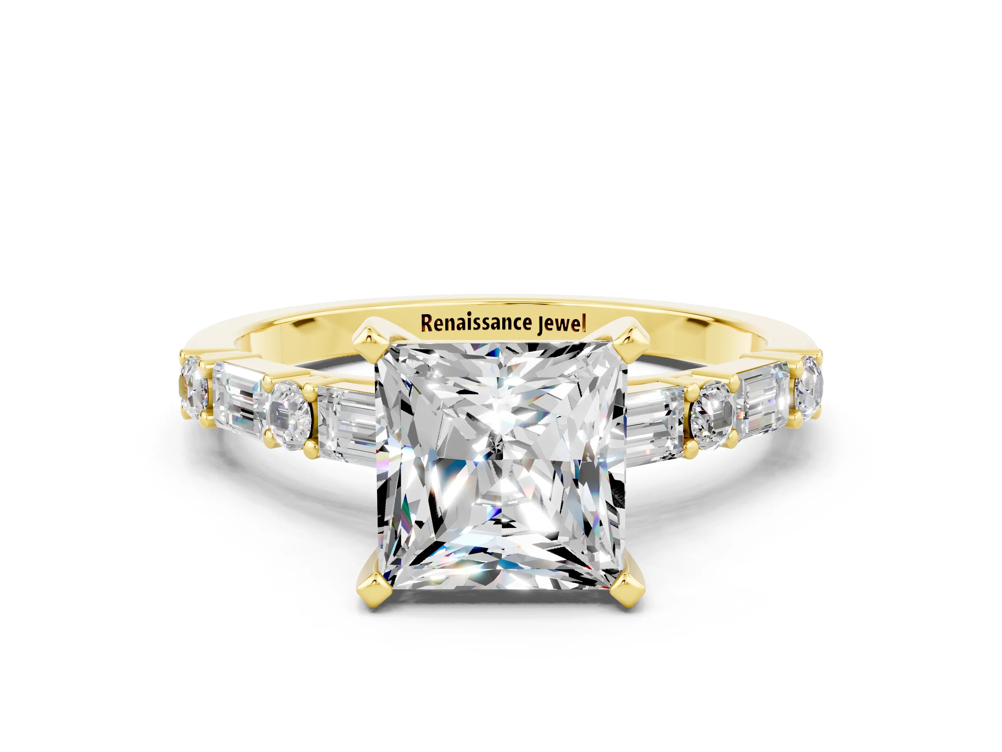 Yellow gold Princess Cut Moissanite Solitaire with Side Baguettes and Channel Set Band