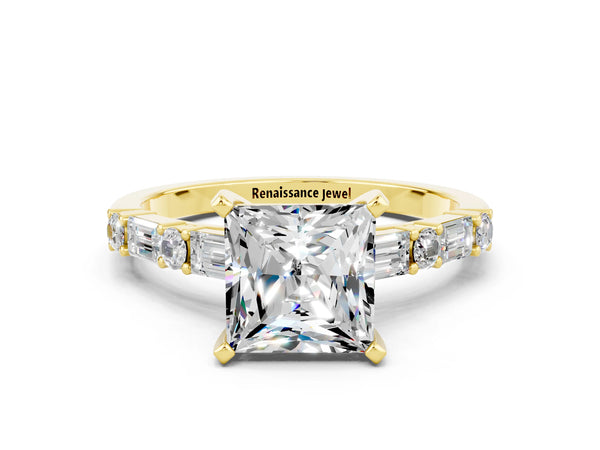 Yellow gold Princess Cut Moissanite Solitaire with Side Baguettes and Channel Set Band