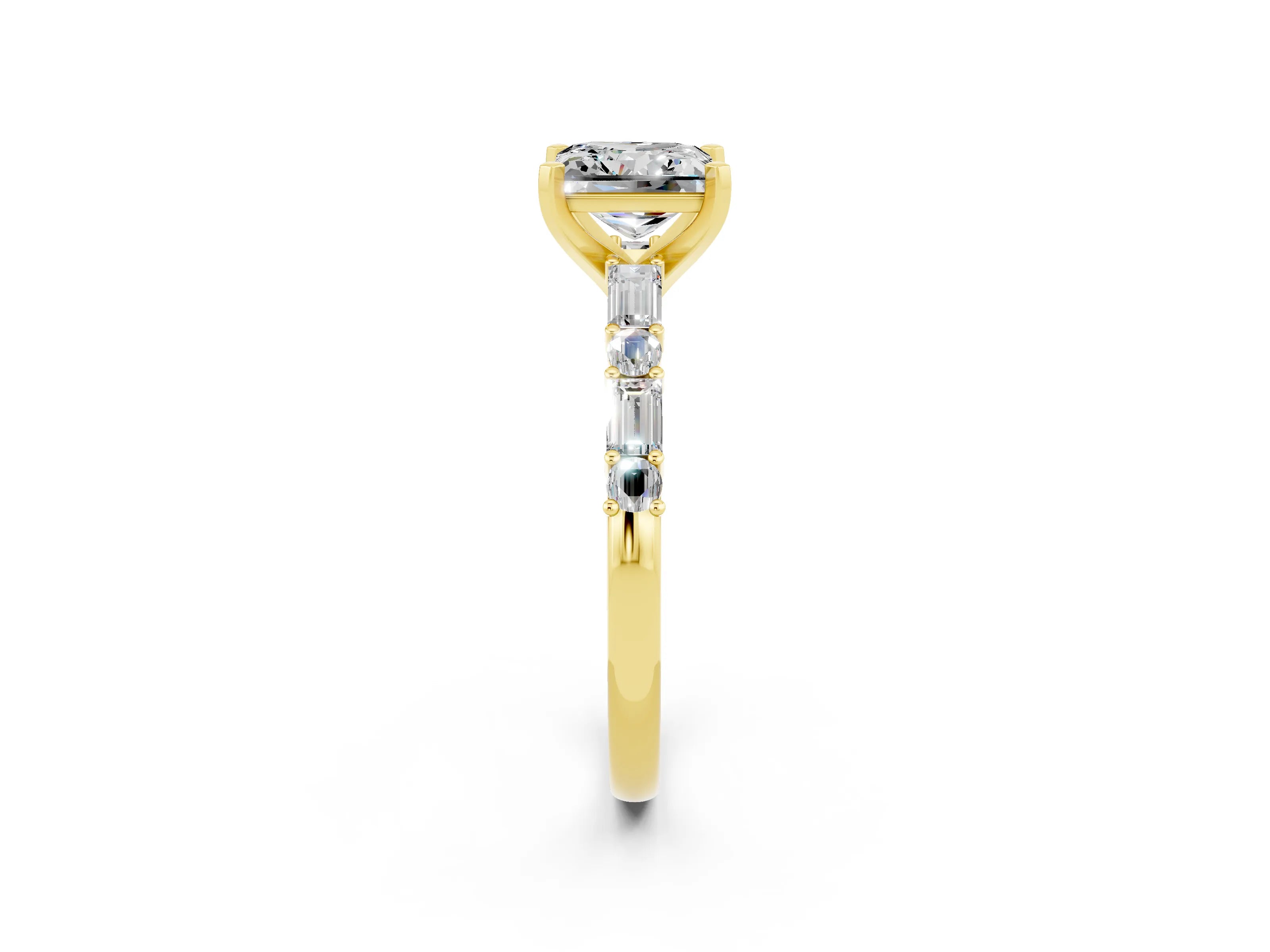 Yellow gold Princess Cut Moissanite Solitaire with Side Baguettes and Channel Set Band_2