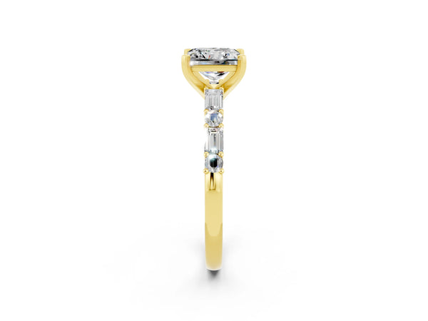 Yellow gold Princess Cut Moissanite Solitaire with Side Baguettes and Channel Set Band
