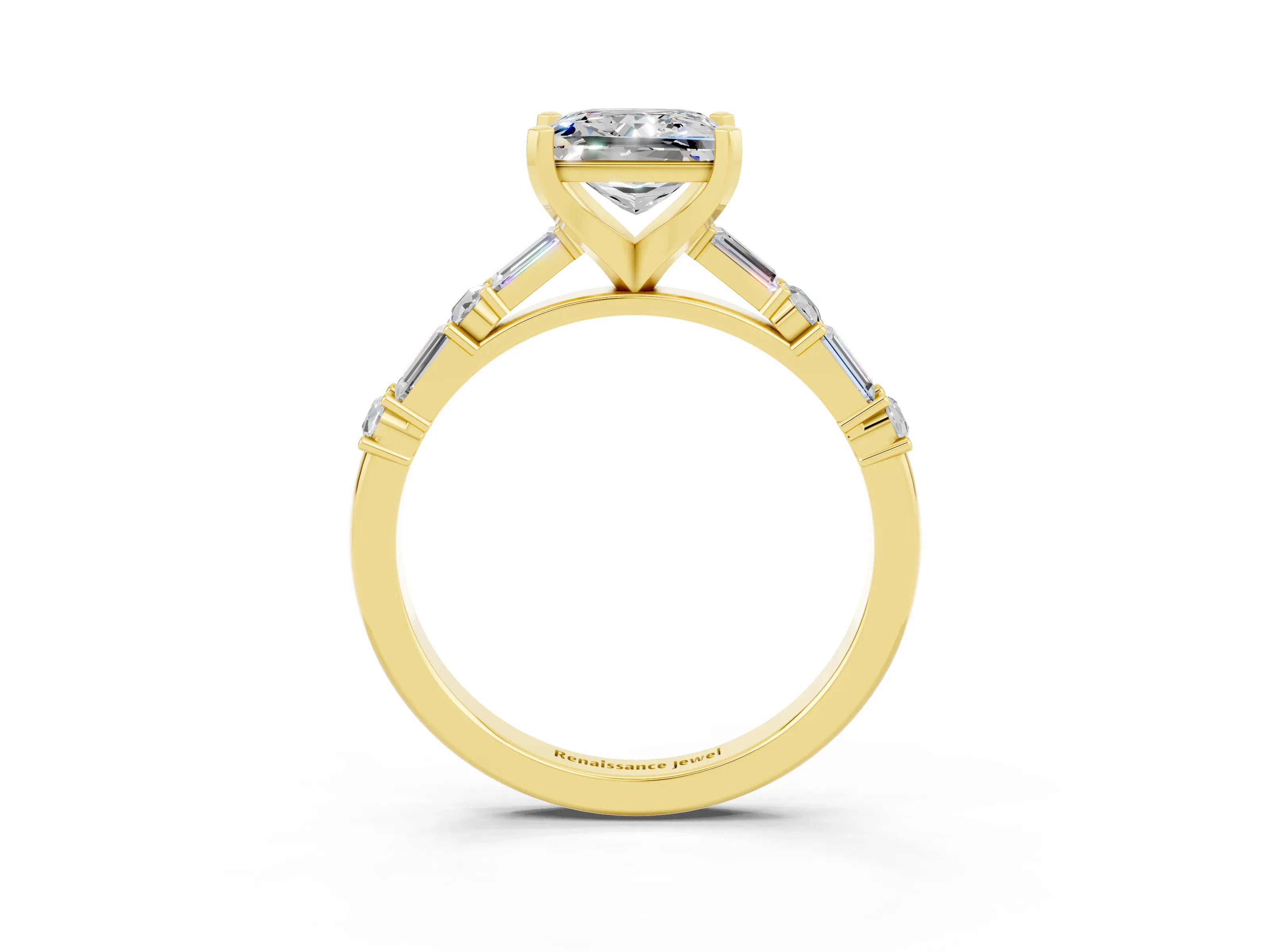 Yellow gold Princess Cut Moissanite Solitaire with Side Baguettes and Channel Set Band_3