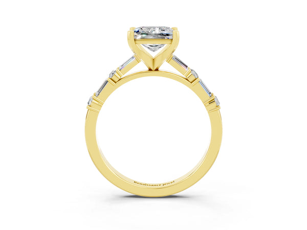 Yellow gold Princess Cut Moissanite Solitaire with Side Baguettes and Channel Set Band