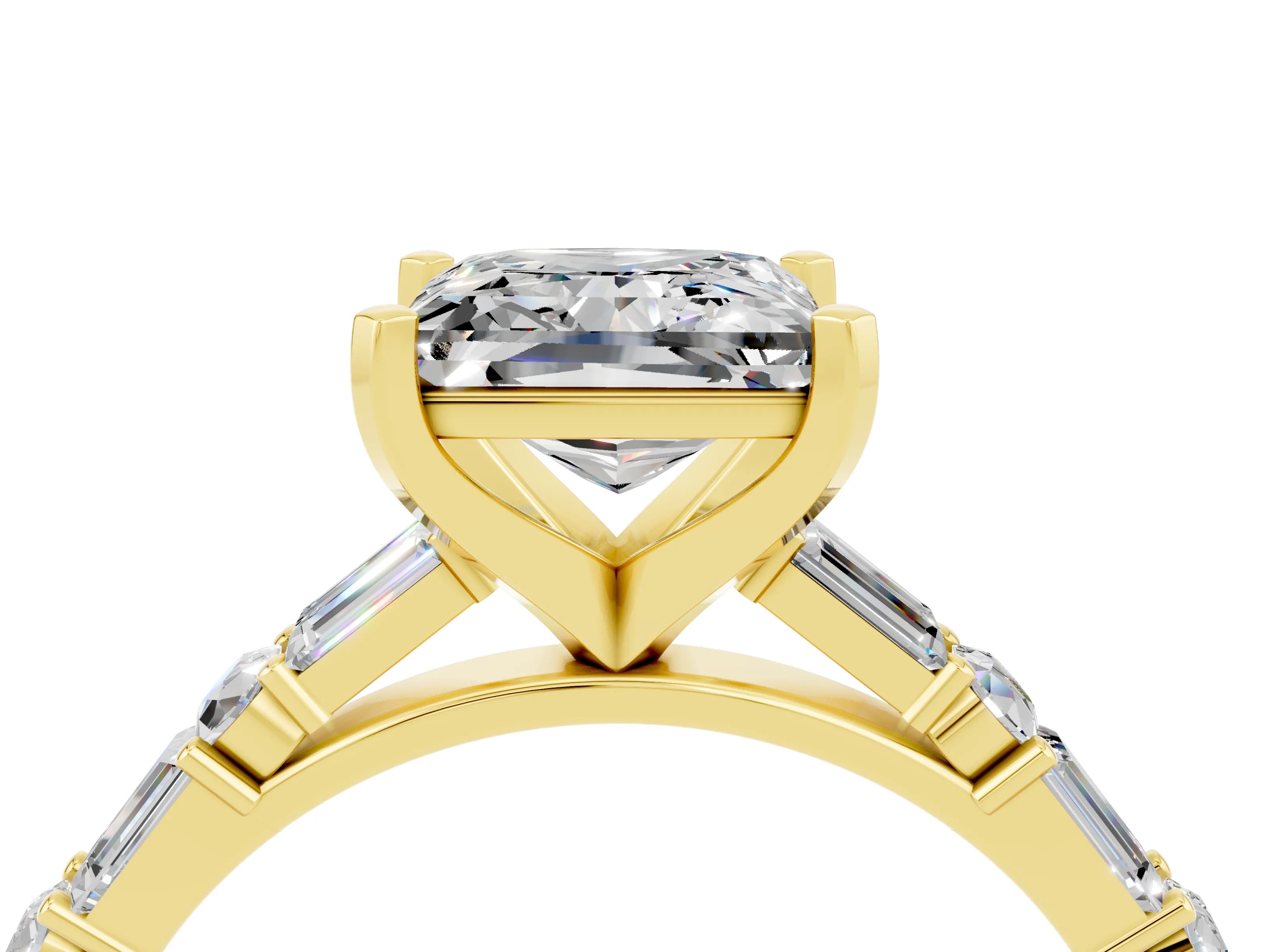Yellow gold Princess Cut Moissanite Solitaire with Side Baguettes and Channel Set Band_4