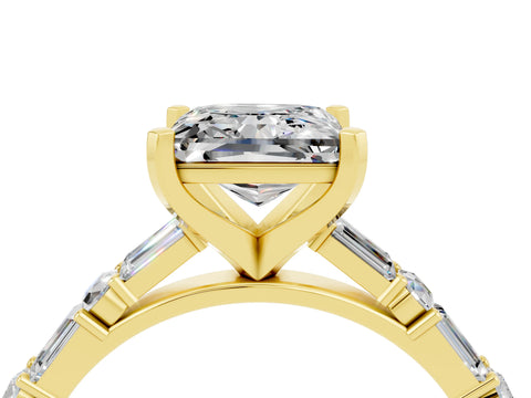 Yellow gold Princess Cut Moissanite Solitaire with Side Baguettes and Channel Set Band_4