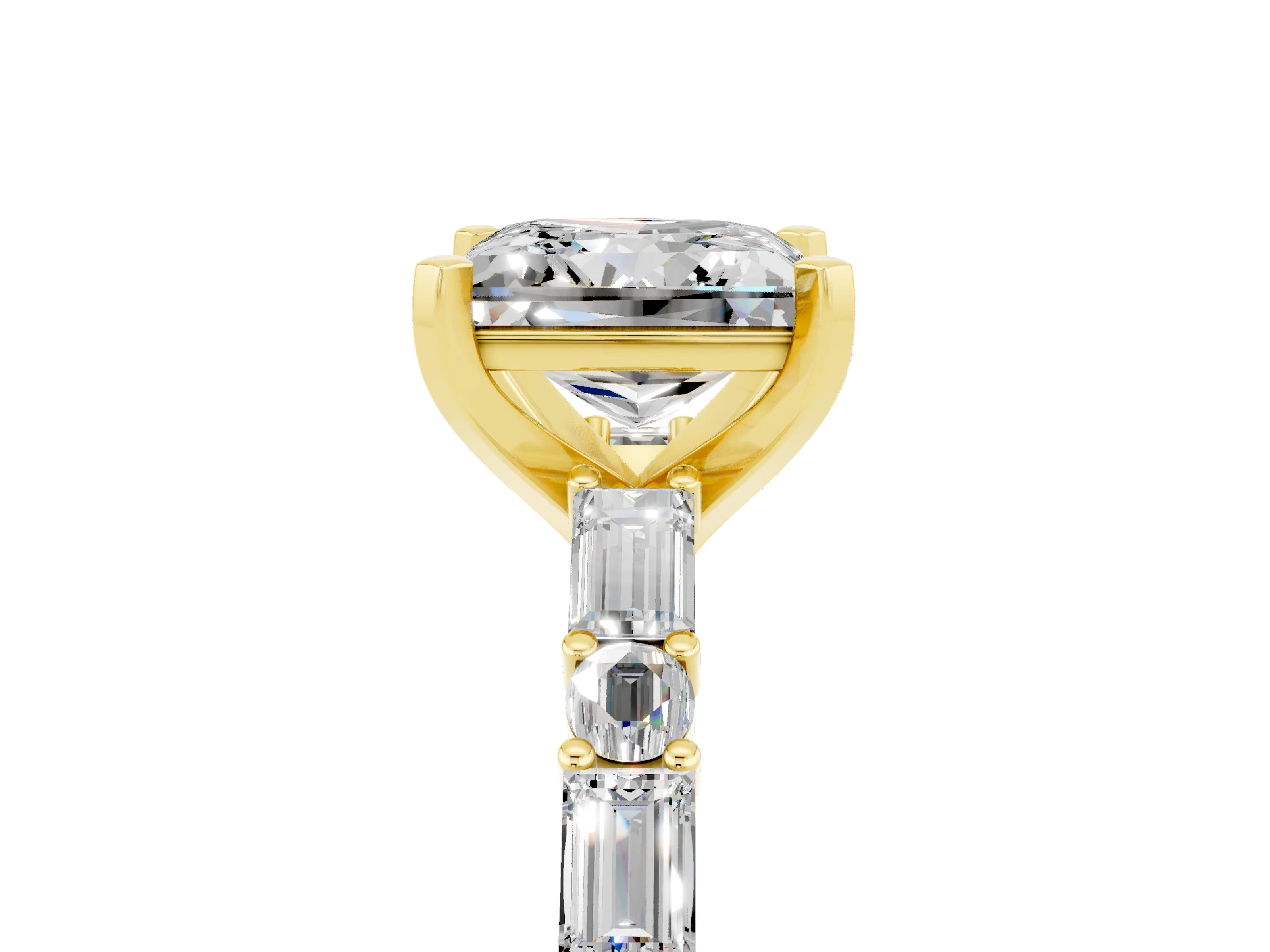 Yellow gold Princess Cut Moissanite Solitaire with Side Baguettes and Channel Set Band_5