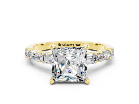 Yellow gold Princess Cut Moissanite Solitaire with Side Baguettes and Channel Set Band