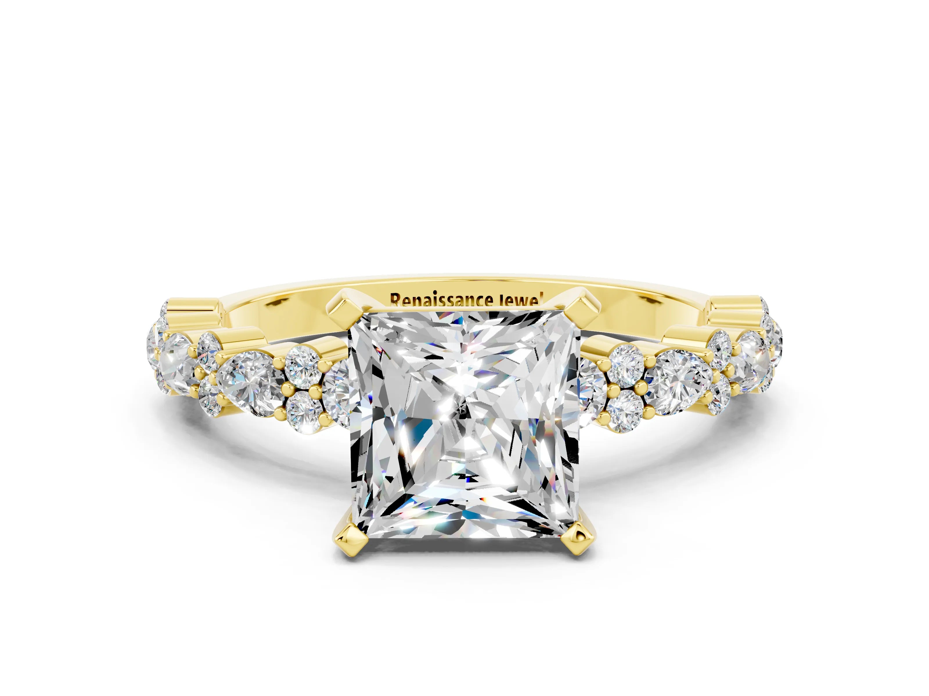 Yellow gold Princess Cut Moissanite Solitaire with Side Stones, Pave Band, Four-Prong Setting_36