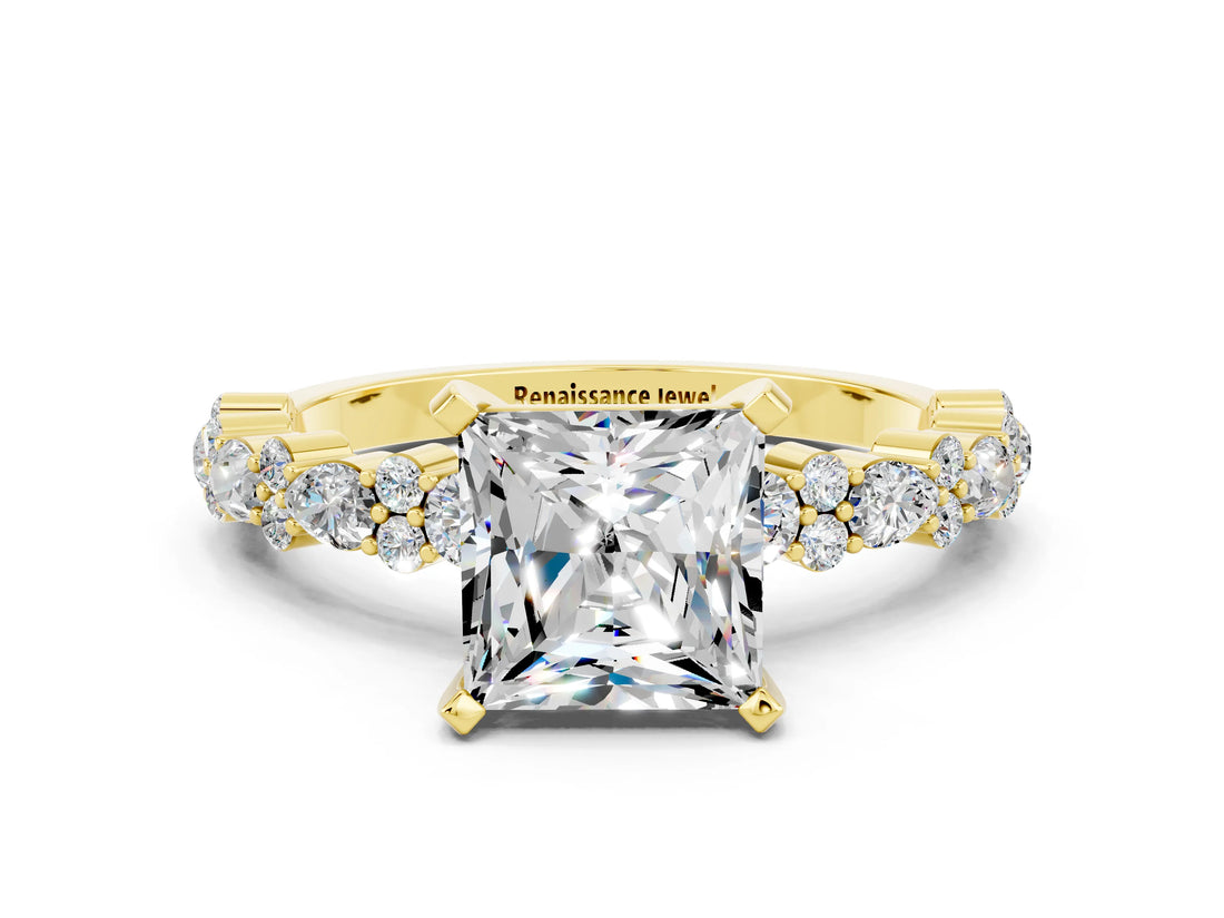 Yellow gold Princess Cut Moissanite Solitaire with Side Stones, Pave Band, Four-Prong Setting_36