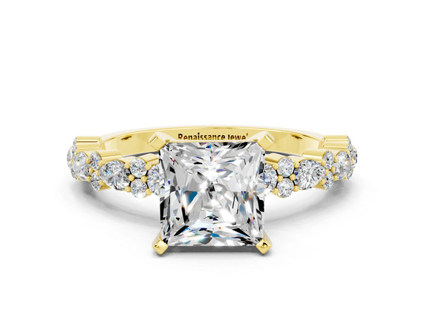 Yellow gold Princess Cut Moissanite Side Stone Solitaire Ring with Round  and Four-Prong Setting