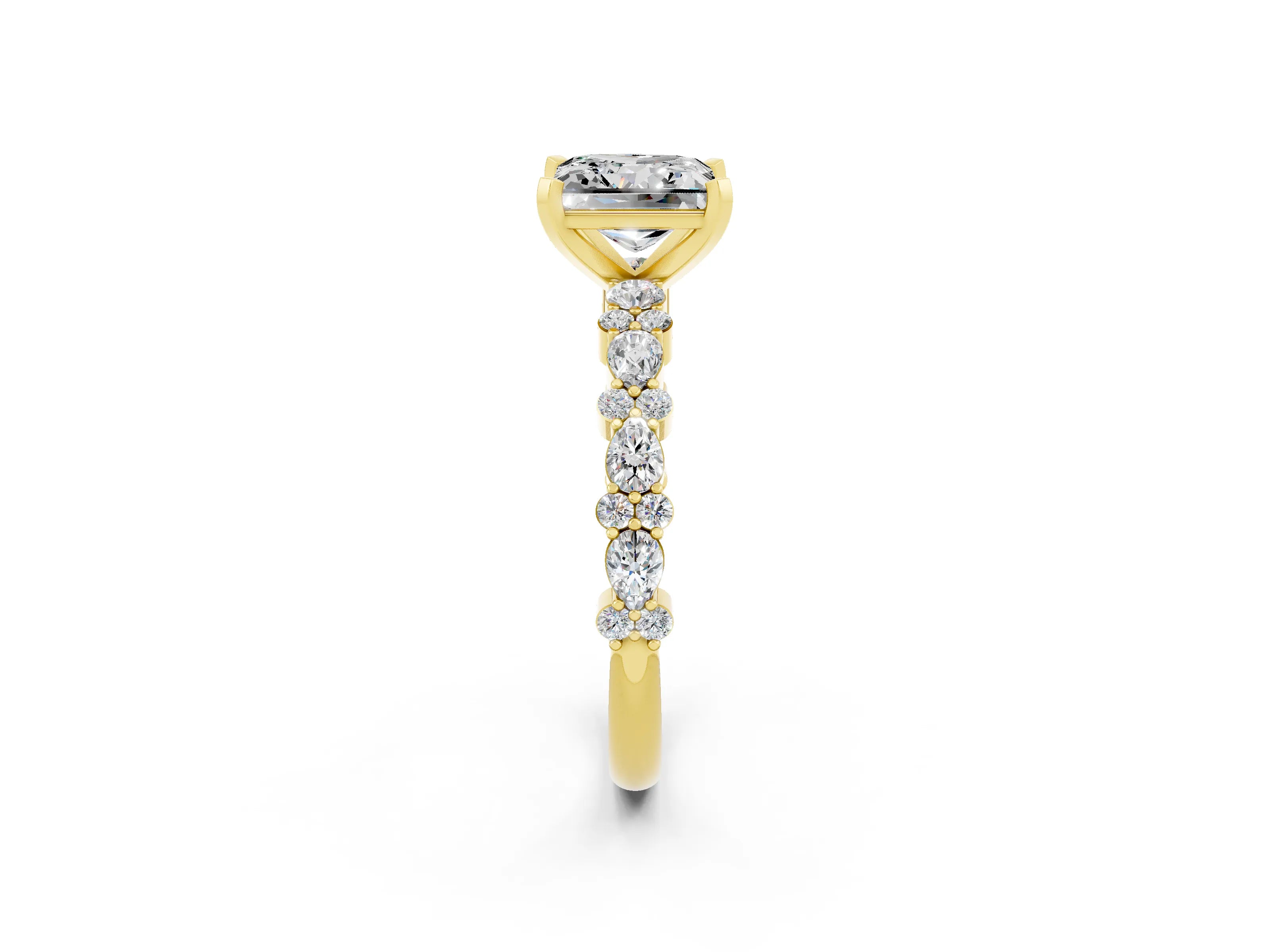 Yellow gold Princess Cut Moissanite Solitaire with Side Stones, Pave Band, Four-Prong Setting_38