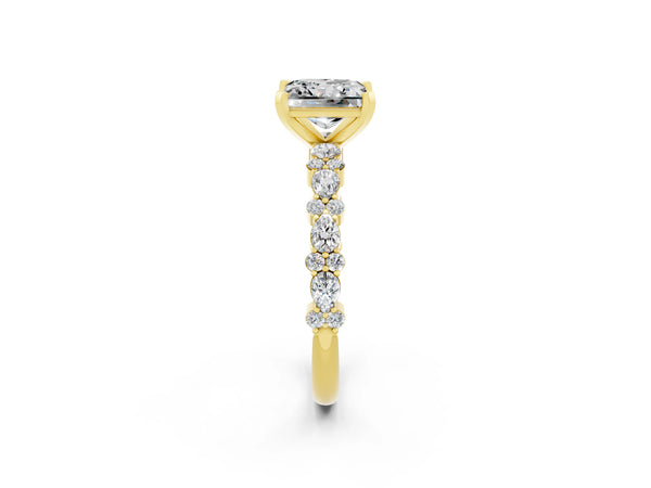 Yellow gold Princess Cut Moissanite Side Stone Solitaire Ring with Round  and Four-Prong Setting