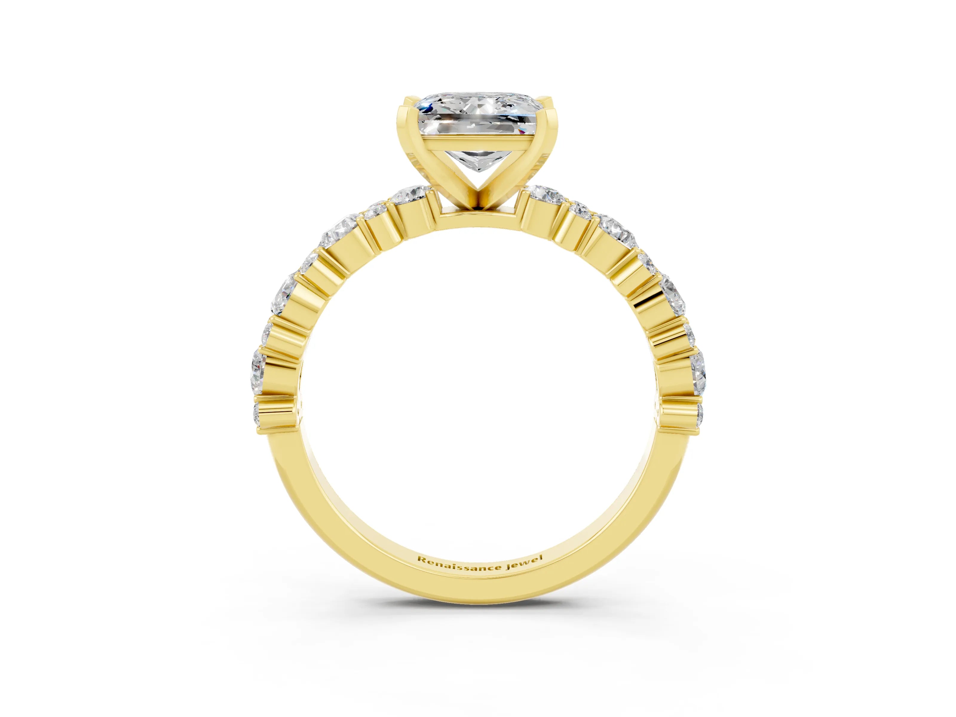 Yellow gold Princess Cut Moissanite Solitaire with Side Stones, Pave Band, Four-Prong Setting_39