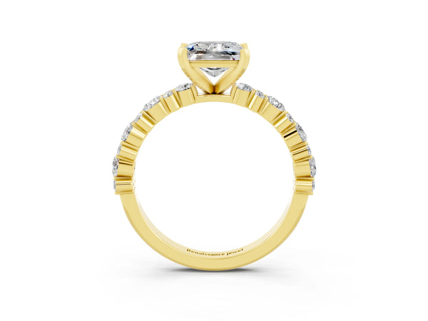 Yellow gold Princess Cut Moissanite Side Stone Solitaire Ring with Round  and Four-Prong Setting